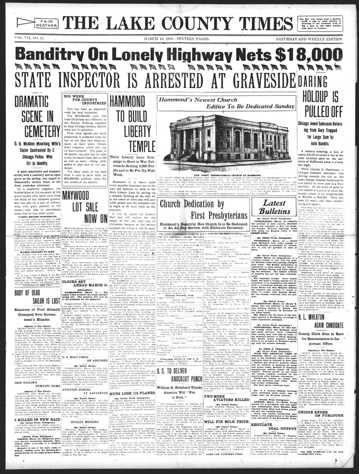 March 16, 1918: State Inspector Is Arrested At Graveside